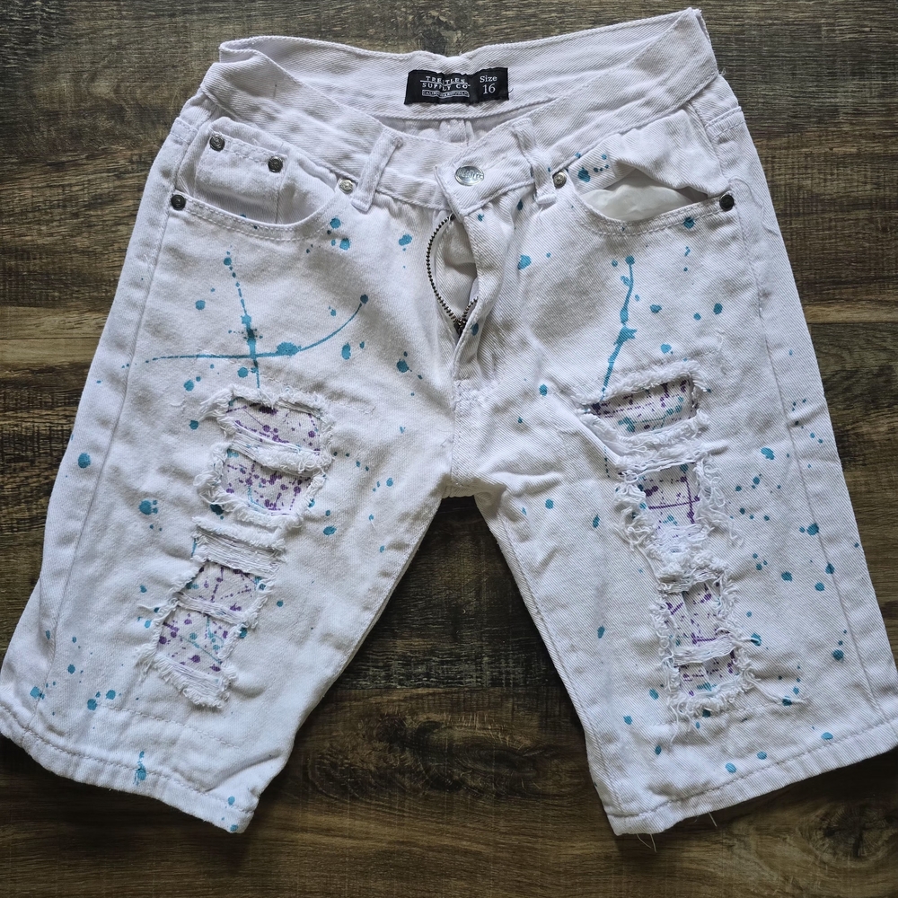 Trendy Kids White Shorts with Blue Splatter